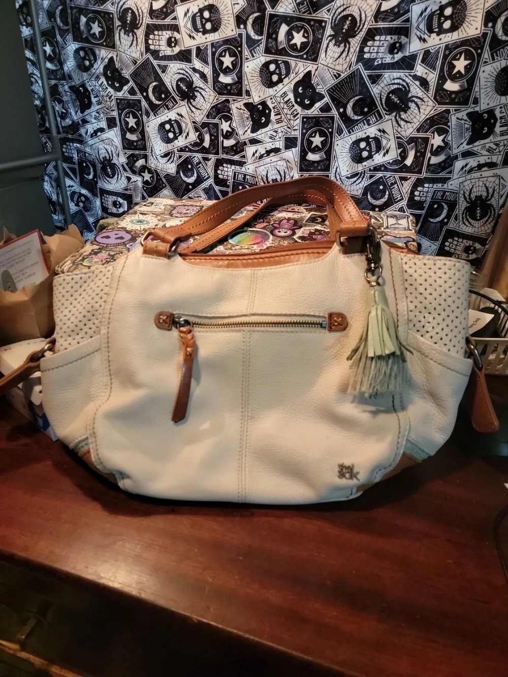 The Sak Kendra Leather Hobo Shoulder Bag - Ivory / Cream with Sage Tassel
